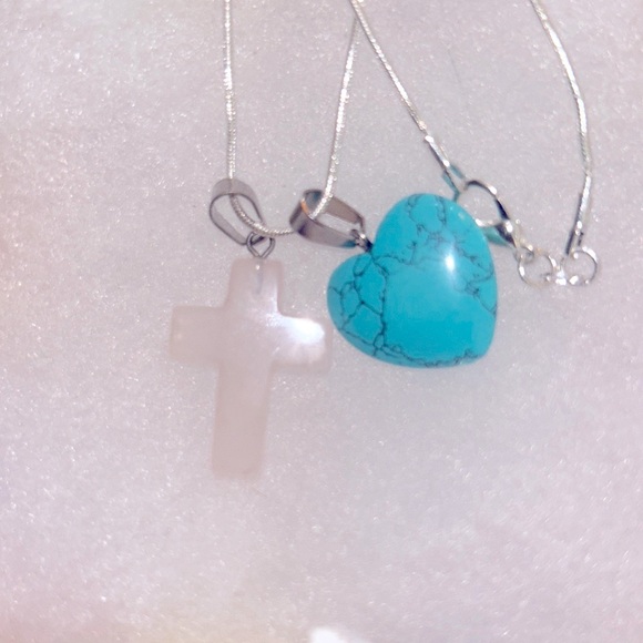 Boho hippie Rose Quartz Crystal Cross & Turquoise heart Sterling Silver 16” N… - Picture 6 of 6
